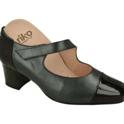 RIKO Zapatos Con Pulsera|Pulsera De Rico Con Ajuste De Velcro En Piel Combiada Metal Charol, Planta Extraible Y Tacon De Base Ancha Negro