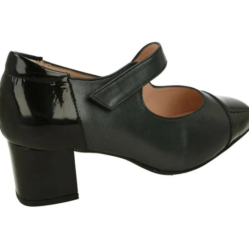 RIKO Zapatos Con Pulsera|Pulsera De Rico Con Ajuste De Velcro En Piel Combiada Metal Charol, Planta Extraible Y Tacon De Base Ancha Negro