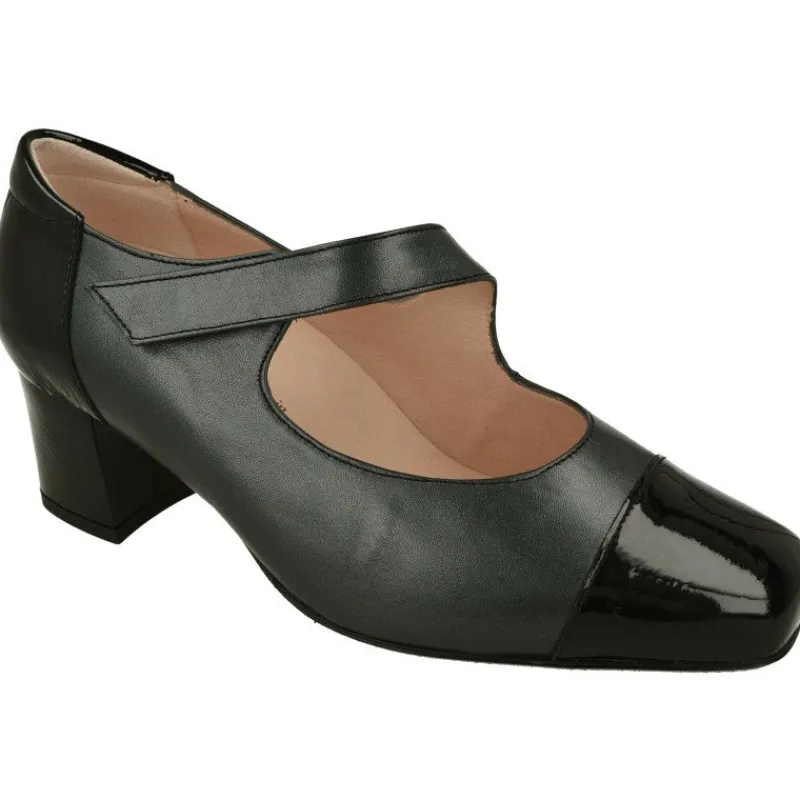 RIKO Zapatos Con Pulsera|Pulsera De Rico Con Ajuste De Velcro En Piel Combiada Metal Charol, Planta Extraible Y Tacon De Base Ancha Negro