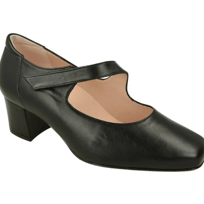RIKO Zapatos Con Pulsera|Pulsera De Rico Con Tira De Velcro Ajustable En Piel Lisa Con Planta Anatomica Extraible Y Tacon De Base Ancha Negro
