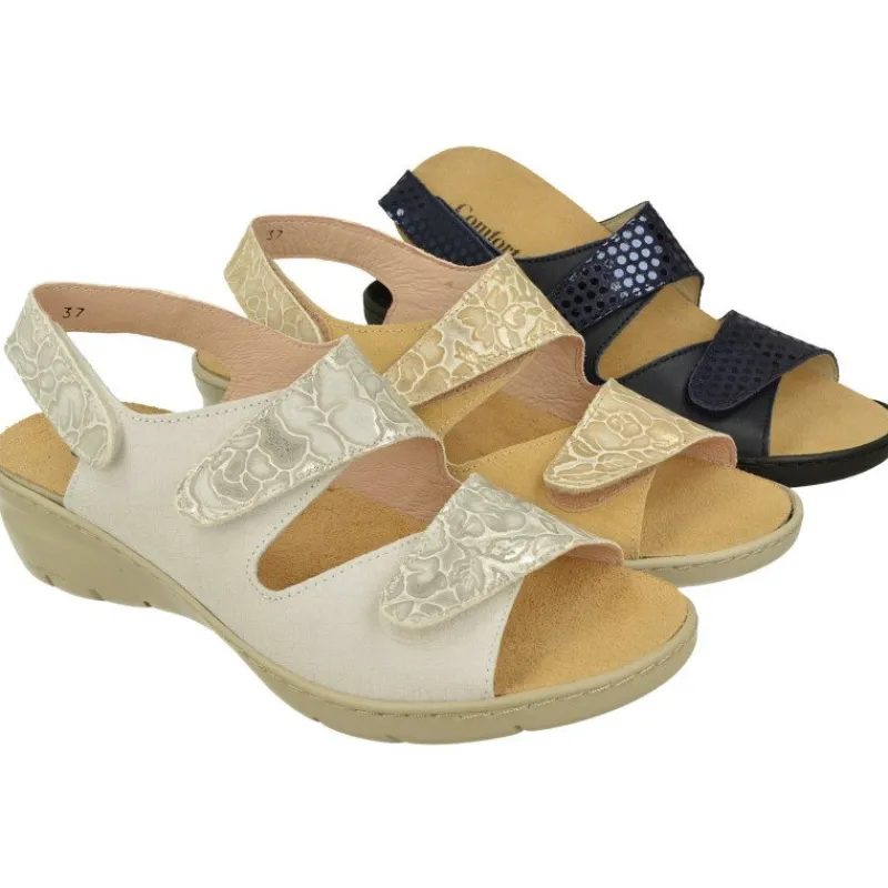 Comfort Class Sandalias|Sandalia De De Triple Velcro Ajsutable Combinada Piel Grabada Y Planta Anatomica Descanso Con Piso Aligerado