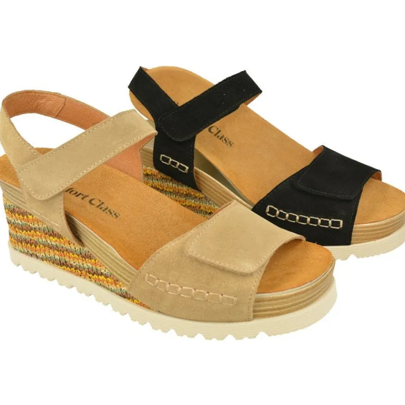 Comfort Class Sandalias|Sandalia De En Piel Serraje Con Doble Tira Ajustable De Velcro Y Cuna Alta Forrada En Tejido. Planta De Descanso E