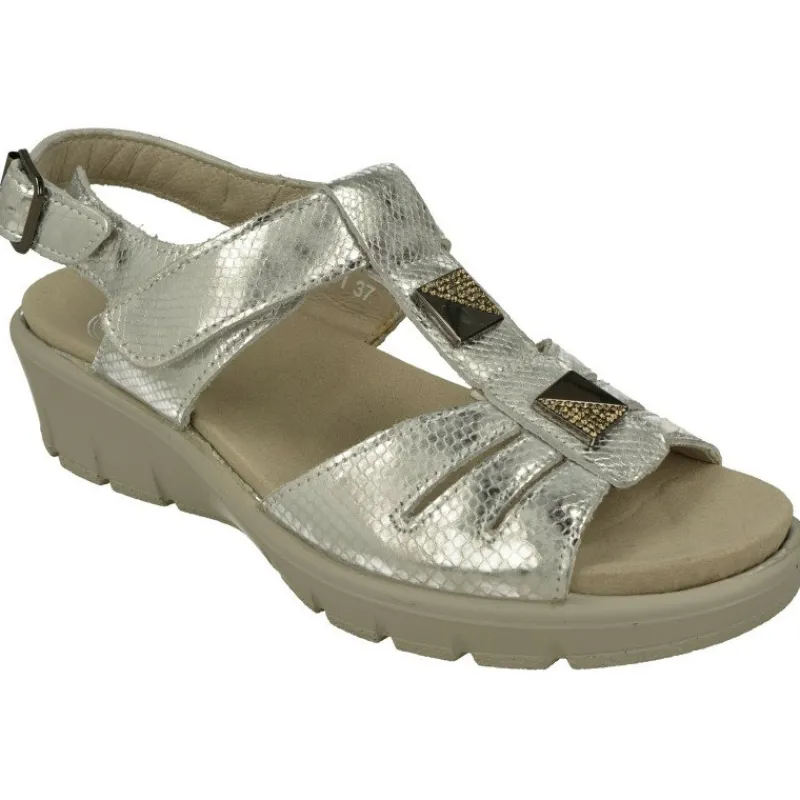 G Comfort Sandalias|Sandalia De En Piel Metalizada Con Tira De Pedreria Y Ajuste Por Velcro Con Piso De Cuna Y Planta Anatomica