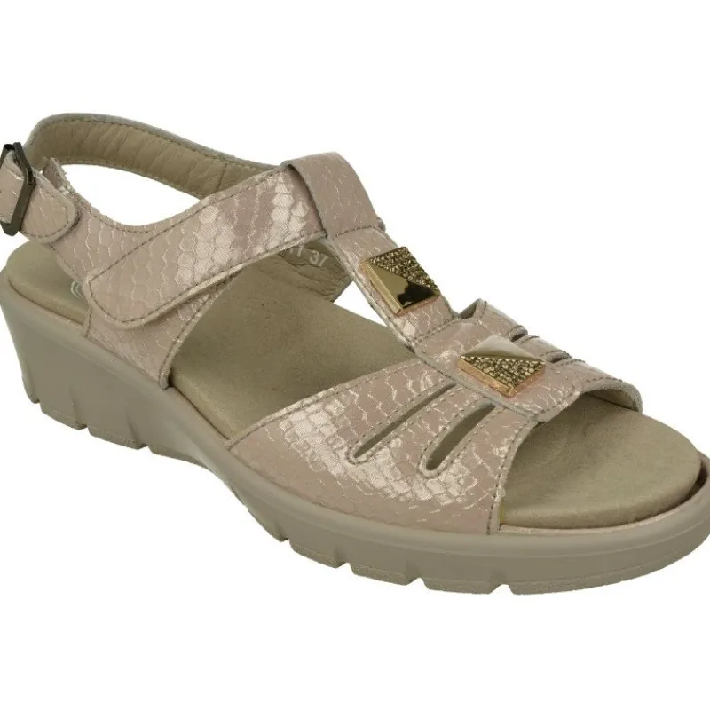 G Comfort Sandalias|Sandalia De En Piel Metalizada Con Tira De Pedreria Y Ajuste Por Velcro Con Piso De Cuna Y Planta Anatomica