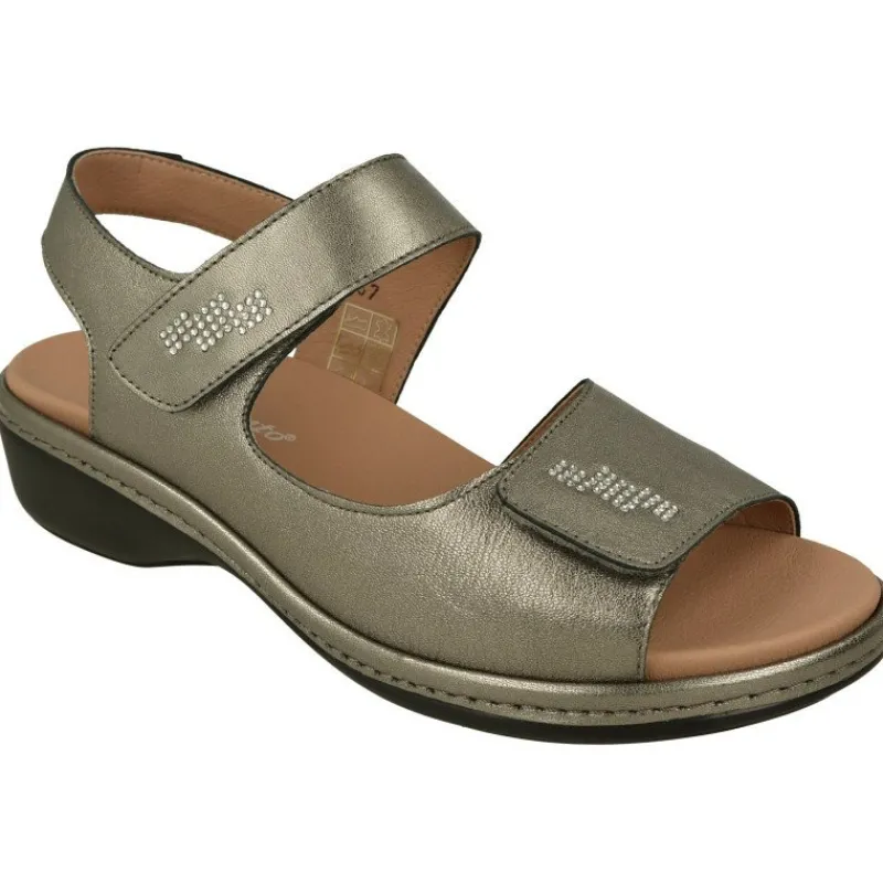 PieSanto Sandalias|Sandalia De Con Doble Tira De Velcro Ajustable En Piel Metalizada, Planta Anatomica Extraible Y Piso De Poliuretano