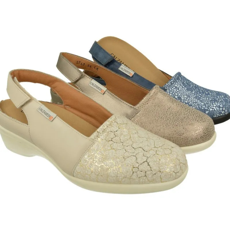 Calzamedi Zapatos Para Pies Diabeticos|Talon Abierto De De Piel Grabada Metalizada Con Planta De Descanso Extraible Y Piso De Amortiguacion